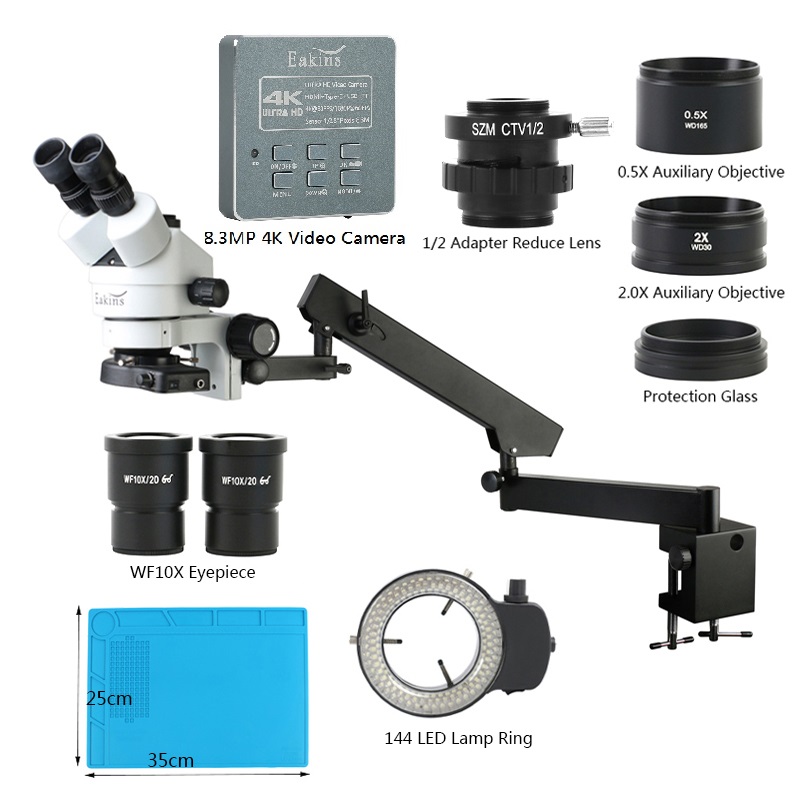 Trinocular Stereo Microscope 7X-45X - Simul Focal Zoom 3.5X-90X Articulating Arm