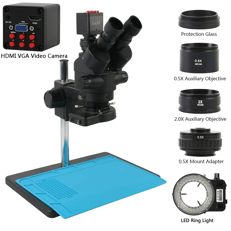 Trinocular Stereo Microscope 7X-45X - 1080P 2K 4K 36MP VGA HDMI