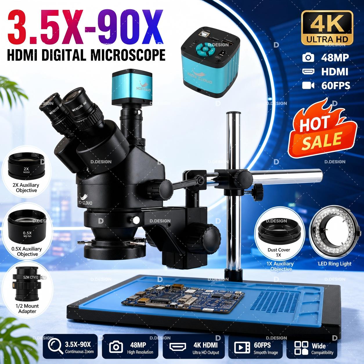 Simul-Focal Industrial Microscope 4K Hdmi - 3.5X-100X Industrial Lab Simul Focal Adjustable