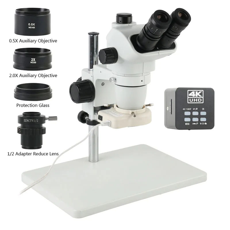 Simul-Focal Industrial Microscope 4K Hdmi - 6.7X45X 3.5X Simul-Focal Trinocular Stereo Microscope